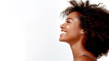 PORTRAIT OF A LAUGHING HAPPY AFRICAN AMERICAN WOMAN, HORIZONTAL IMAGE. legal AI	