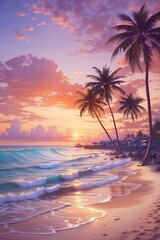 Fototapeta na wymiar A tropical beach with palm trees and waves crashing on the shore at sunset. The waves crash on the shore, and the sun sets over the horizon. The sky is a beautiful shade of orange, and the waves crash