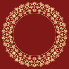 Oriental vector round red and golden frame with arabesques and floral elements. Floral border with vintage pattern