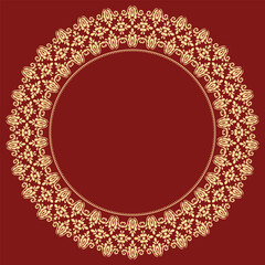 Oriental vector round red and golden frame with arabesques and floral elements. Floral border with vintage pattern