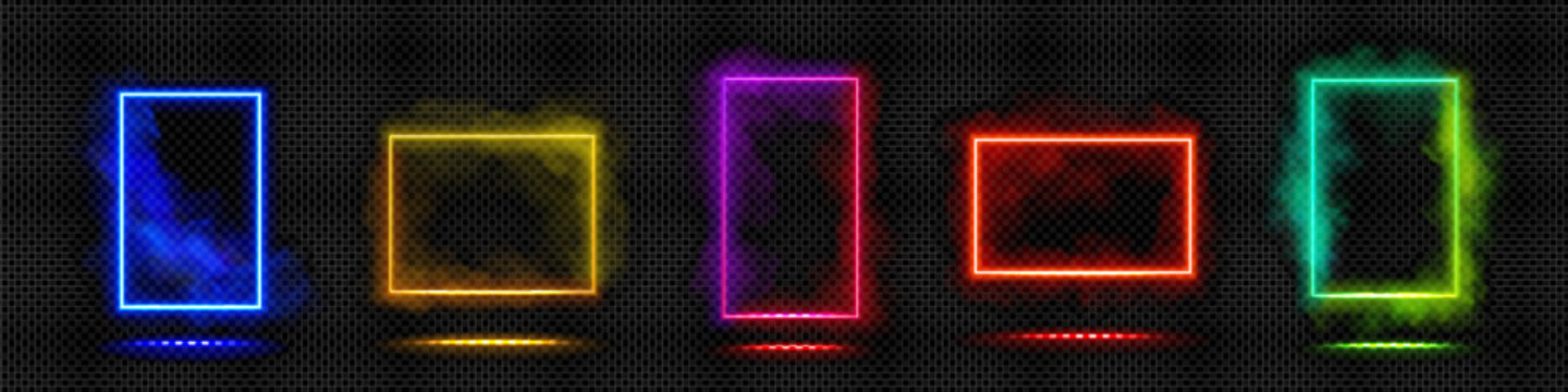 Colorful neon light rectangles set isolated on transparent background. Vector realistic illustration of frames in clouds of smoke, magic gate glowing in dark space, teleport door, night show