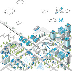 海沿いの街並みの俯瞰イラスト