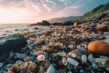 plastic pollution of the ocean underwater photo.  AI - obrazy, fototapety, plakaty