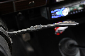 Old car Wipers switch control. Closeup a Headlight control stick Old car. Close up retro Wiper...