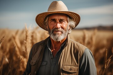 Male farmer standing wearing hat with folded arms in wheat field