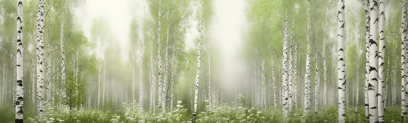 panorama of a green birch forest in the fog, long frame.