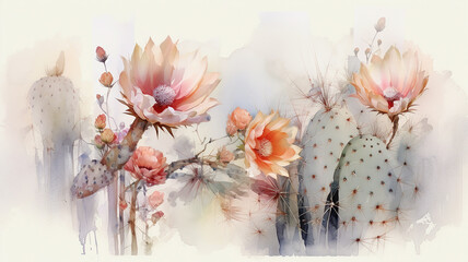 cacti bloom watercolor white background, spring, desert.  AI