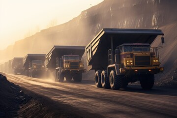 Large trucks loaded with coal pass through the mining area under the light of the stunning sun - obrazy, fototapety, plakaty
