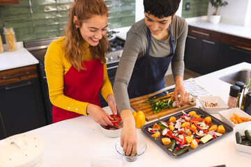 Happy biracial lesbian couple cooking, seasoning chopped vegetables in kitchen at home
