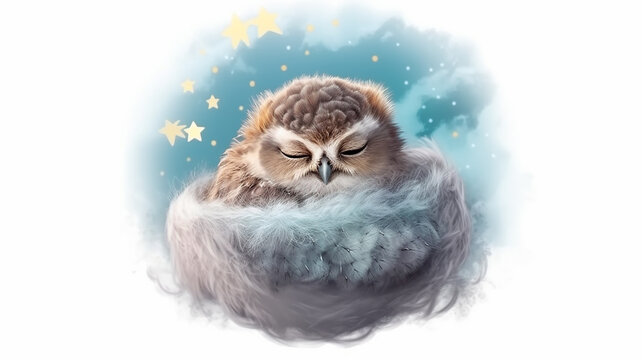 owl sleeps on a cloud watercolor.