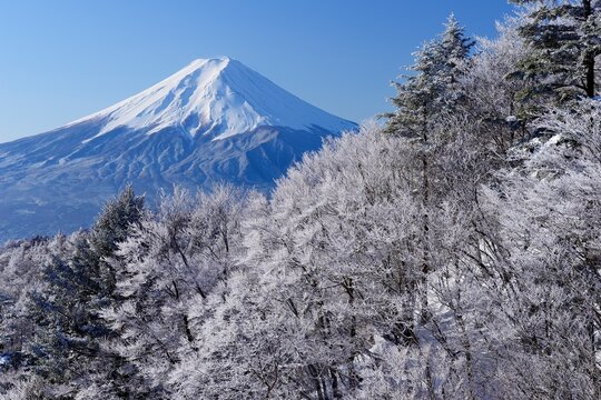 Fog and ice on Mt. Fuji seen from Mitsutoge , Japan,Yamanashi Prefecture,Minamitsuru District, Yamanashi,Fujikawaguchiko, Yamanashi,Nishikatsura, Yamanashi,Tsuru, Yamanashi January 2015
