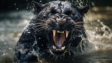 black panther runs in splashing water dynamic scene.