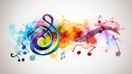 Fototapeta premium audio idea. musical background, multicolored notes on a musical stand on a white background a whirlwind of color and sound Generative AI