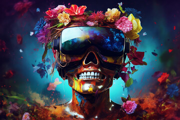 A skull in virtual reality glasses, colorful flowers around. The concept of the future is virtual reality. .
