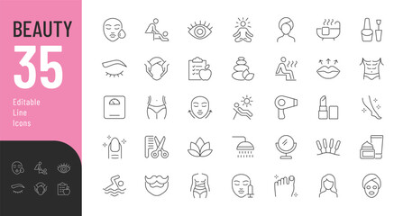 Beauty Line Editable Icons set. Vector illustration in thin line modern style of body care related icons: cosmetic procedures for face and body, diet, cosmetics, and more.