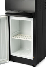 Black and white mini fridge on a white background close up
