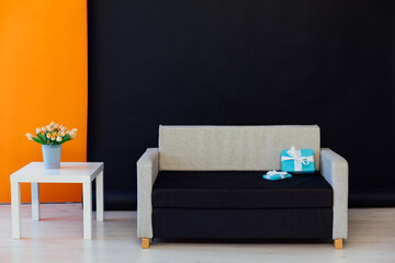 Black Orange Room Interior With Grey Office Sofa