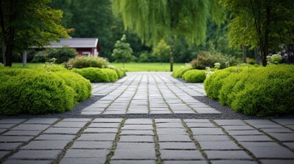 Garden landscape design with pathway intersecting bright green lawns and shrubs white sheet walkway in the garden. Landscape design with colorful shrubs. grass with bricks pathways. lawn care service.