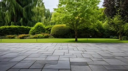  Garden landscape design with pathway intersecting bright green lawns and shrubs white sheet walkway in the garden. Landscape design with colorful shrubs. grass with bricks pathways. lawn care service. © Kowit