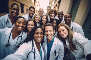 Fototapeta na wymiar Selfie, portrait and hospital doctors, happy people or surgeon team smile on healthcare, medical photo or health services. Teamwork support, memory picture or group face of diversity medicare nurses