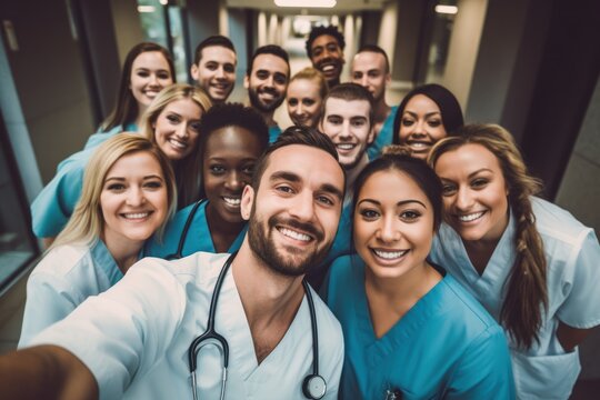 Selfie, portrait and hospital doctors, happy people or surgeon team smile on healthcare, medical photo or health services. Teamwork support, memory picture or group face of diversity medicare nurses