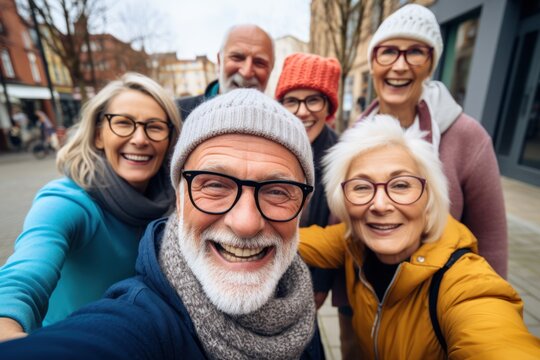 Head shot portrait close up of group old seniors taking a selfie together in the mountain forest looking at the camera smiling having fun enjoying. Two mature people hiking.
