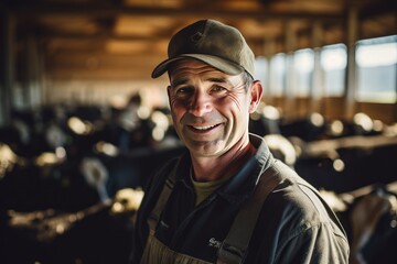 Male farmer smiling inside cow farm pen