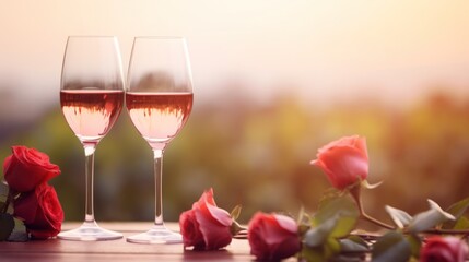Two elegant wine glasses and rose heart background valentine's day holiday background - obrazy, fototapety, plakaty