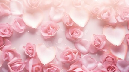 Obraz premium Heart shaped frame with roses and flower petals as background. There is a space for inserting Valentine's Day letters.