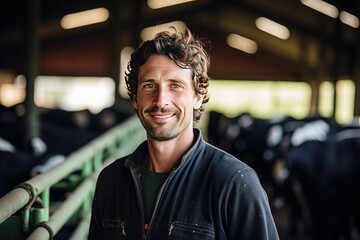 Male farmer smiling inside cow farm pen