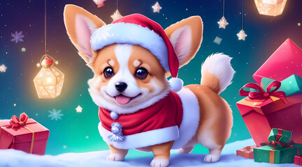 A cute corgi wears a Santa Claus costume on Christmas and has beautiful decorations.