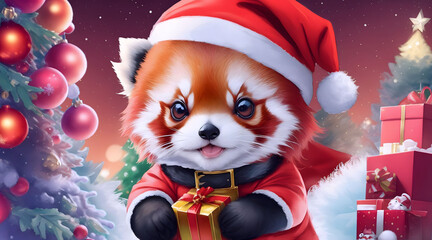 A cute red panda wears a Santa Claus costume on Christmas and has beautiful decorations.