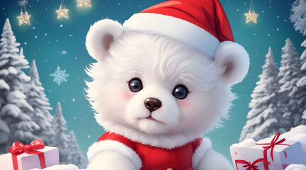 A cute white bear wears a Santa Claus costume on Christmas and has beautiful decorations.