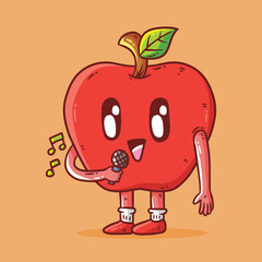 Cute happy apple fruit mascot character singing vector cartoon illustration. Apple Vector cartoon illustration
