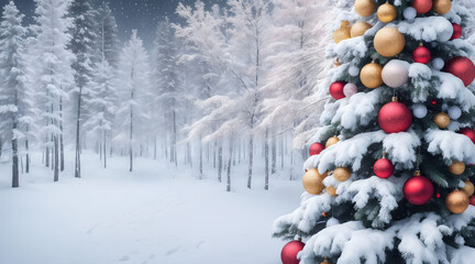 Christmas tree with beautiful decorations against the backdrop of a winter forest with falling snowflakes.