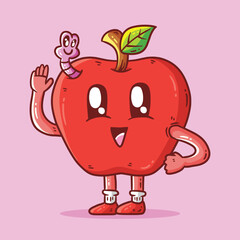 Cute happy apple fruit and fruit worm mascot character vector cartoon illustration. Apple Vector cartoon illustration
