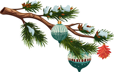 Christmas tree branch with decorations and snow