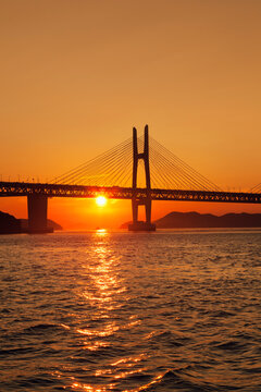 Seto-Ohashi bridge and the sunset, Iwakurojima Bridge , Yoshima,Sakaide, Kagawa,Kagawa Prefecture,Japan July 2011