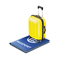 3D Cartoon Yellow Suitcase Placed on Passport. Concept for Advertising of Tourism Travel and Adventures. Immigration, Moving or Business Trip by Plane, Train or Ship. Vector Illustration of 3D Render.