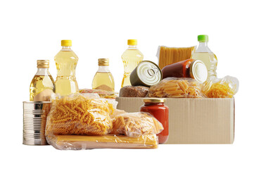Foodstuffs in donation box isolated on white background with clipping path for volunteer to help people.