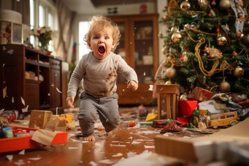 a playful cheerful hyperactive cute white toddler boy or girl misbehaving and making a huge mess in a living-room with christmas tree, decoration, gifts and ornaments, throwing around things - obrazy, fototapety, plakaty