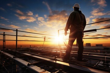 Rear view of a technician on a high steel platform at sunrise - obrazy, fototapety, plakaty