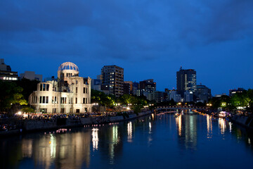 the atomic dome and floating lanterns , Japan,Hiroshima Prefecture,Hiroshima,Central District August 2014