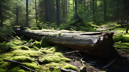 Obraz premium A fallen tree lies on the ground in woods