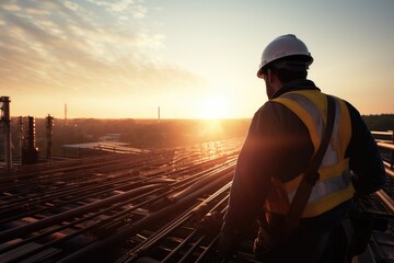 Rear view of a technician on a high steel platform at sunrise