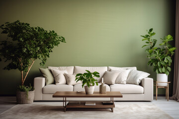 modern living room with sofa and green plants inside and wooden table with light green background 