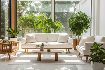 modern living room with plants inside and sunlight coming in through windows