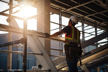 Rear view of a worker at height doing assembly work in a multi-storey building