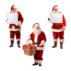 Set of Santa Clauses in full size with copy space isolated on transparent background. Png. - obrazy, fototapety, plakaty