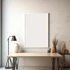 mockup of a blank empty picture frame in a bohemien office space
